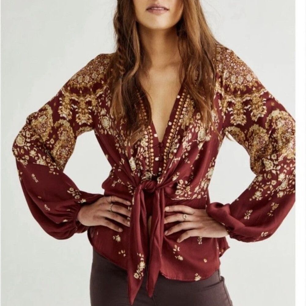 Free People Blouse Womens Small Red Floral Studded Tie Front V Neck Boho Top